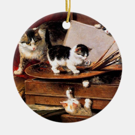 Moederkat en Kittens op tafel Keramisch Ornament (Voorkant)
