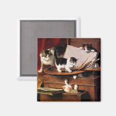 Moederkat en Kittens op tafel Magneet (Voorkant / Achterkant)