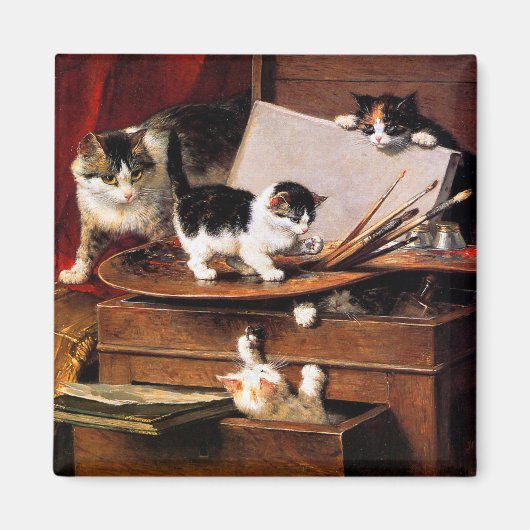 Moederkat en Kittens op tafel Magneet (Voorkant)