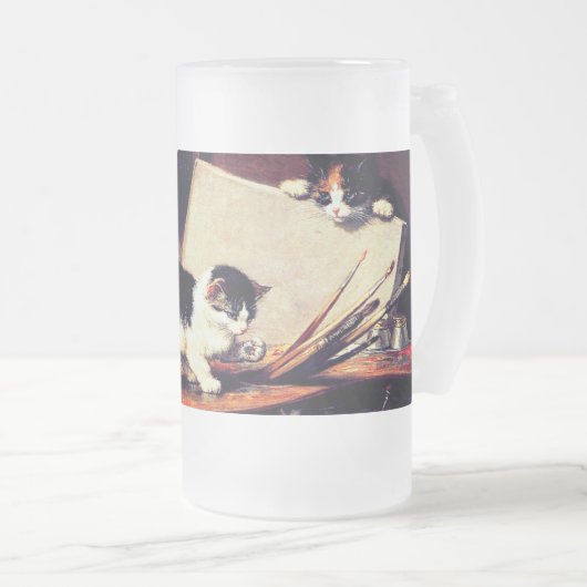 Moederkat en Kittens op tafel Matglas Bierpul (Voorkant rechts)