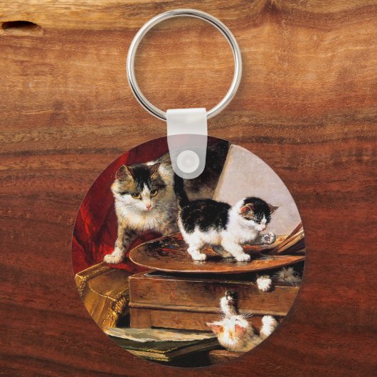 Moederkat en Kittens op tafel Sleutelhanger (Voorkant)
