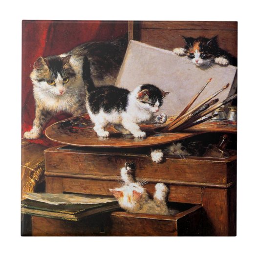 Moederkat en Kittens op tafel Tegeltje (Voorkant)