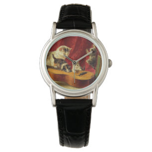 Moederkat en Kittens spelen met gitaar Horloge