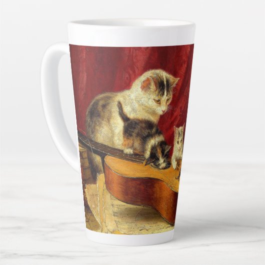 Moederkat en Kittens spelen met gitaar Latte Mok (Linkerhoek)