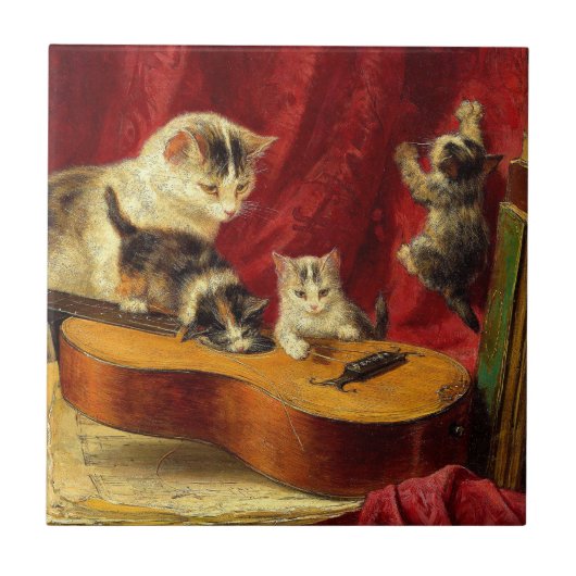 Moederkat en Kittens spelen met gitaar Tegeltje (Voorkant)