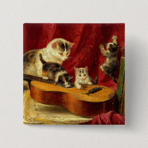 Moederkat en Kittens spelen met gitaar Vierkante Button 5,1 Cm