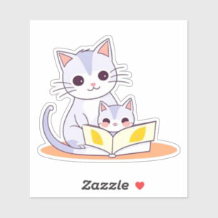Moederkat leest voor aan haar kitten sticker