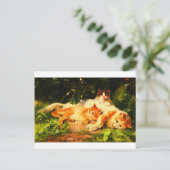 moederkat met haar speelse kinderen briefkaart (Staand voorkant)