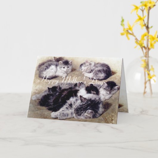 MOEDERKAT MET KITTENS/Moederdag Kaart (Gele Bloem)