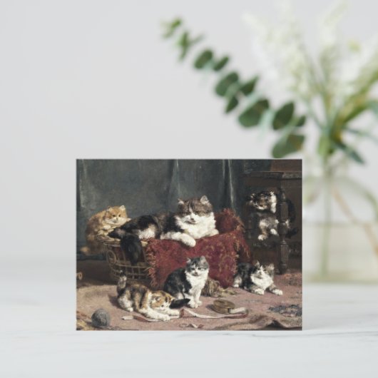  moederkat met speelgoedkinderen briefkaart (Staand voorkant)