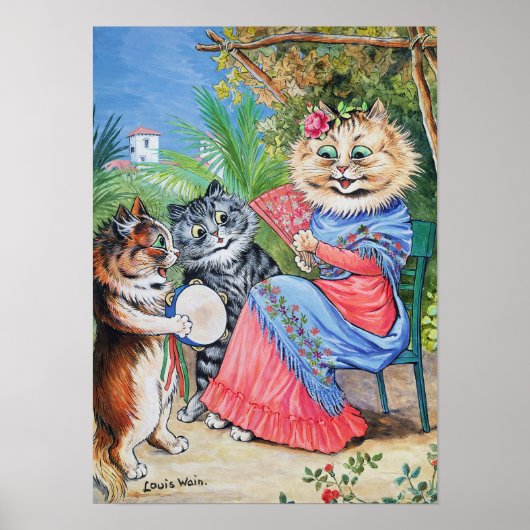 Moederkat met waaier en kittens, Louis Wain Poster (Voorkant)