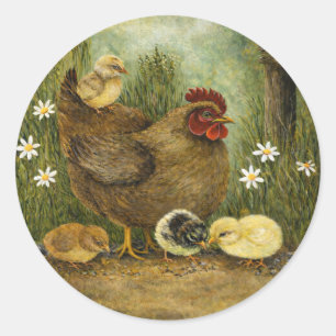 Moederkip met kuikens die zonnebloempitten eten ronde sticker