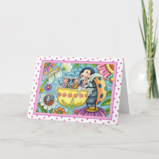 MOEDERLADYBUG EN KINDEREN, TULIP BUBBLE BATH FEESTDAGEN KAART (Voorkant)