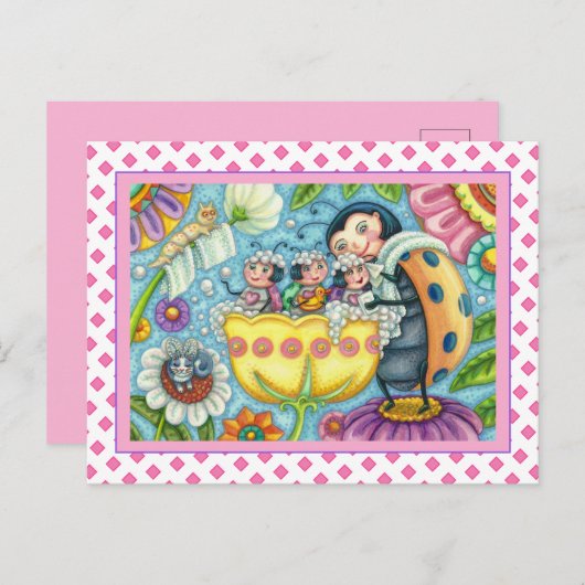 MOEDERLADYBUG EN KINDEREN, TULIP BUBBLE BATH FEESTDAGENKAART (Voorkant / Achterkant)