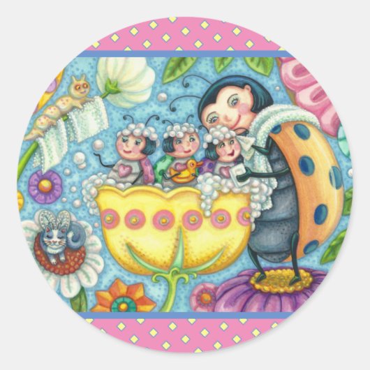 MOEDERLADYBUG EN KINDEREN, TULIP BUBBLE BATH RONDE STICKER (Voorkant)