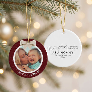 Moeder's Eerste Kerstdag Foto Witte Strik KersenRo Keramisch Ornament