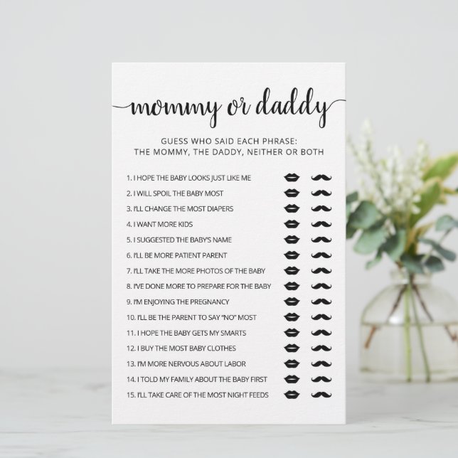 Moeders of vaders spel Baby Shower spelkaart (Staand voorkant)