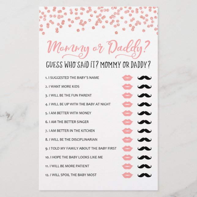 Moeders- of vaderspel Baby Shower Feestspel (Voorkant)