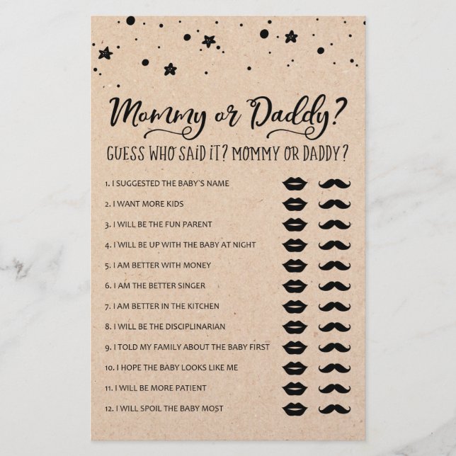 Moeders- of vaderspel Baby Shower Feestspel (Voorkant)