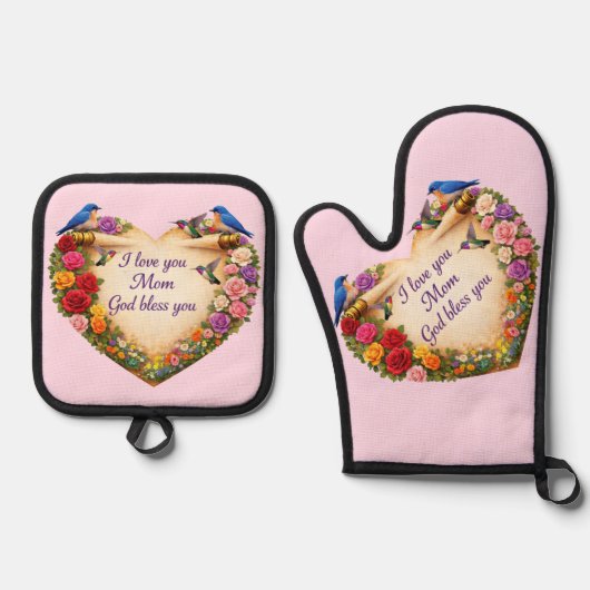 Moeder's Roze Bloemhart Ovenwant / Pothouders Set (Voorkant)