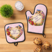 Moeder's Roze Bloemhart Ovenwant / Pothouders Set (Top down)