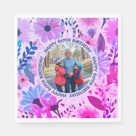 Moeders Verjaardag Roze en Blauw Foto Bloemen Part Servet