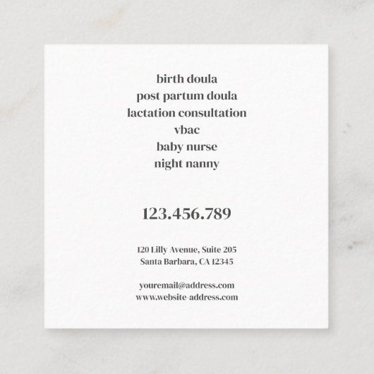 Moederschap Bloom Doula Verloskundige Borstvoeding Vierkante Visitekaartje (Achterkant)