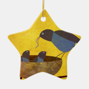 Moedervogel en baby's keramisch ornament
