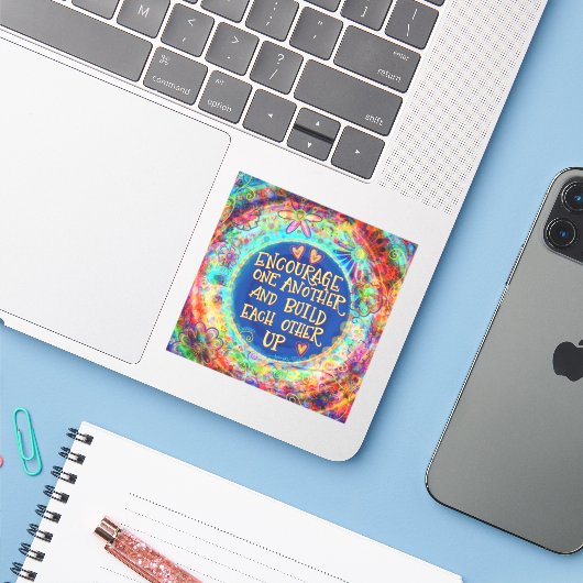 Moedig elkaar aan leuke blauwe inspiratie sticker (Laptop met iPhone)