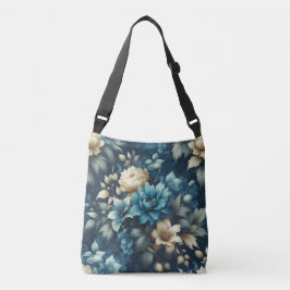 Moedig in blauw en delicate roomkleurige bloemen crossbody tas
