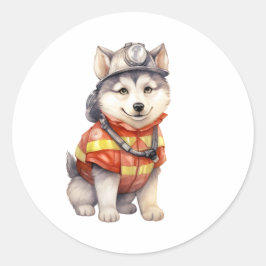 Moedige brandweerman Siberische Husky hond eren Ronde Sticker