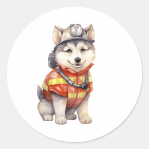 Moedige brandweerman Siberische Husky hond eren Ronde Sticker