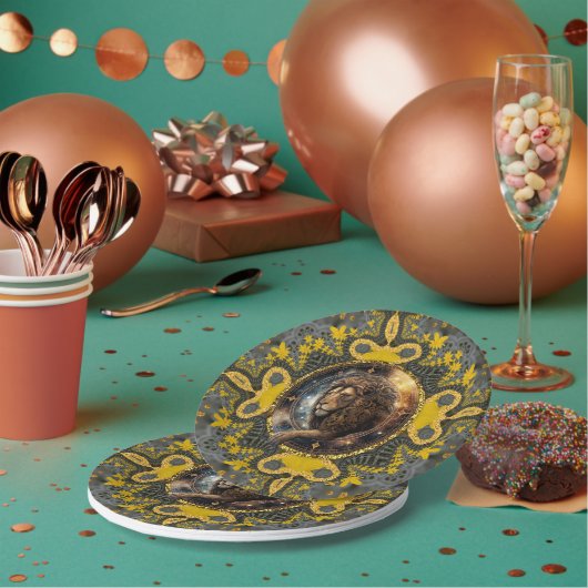 Moedige Leo Zodiac Goud Geel Fractal Mandala Papieren Bordje (Multi)