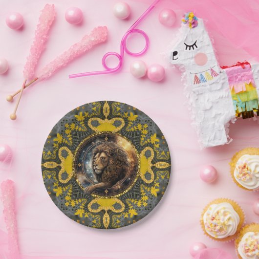 Moedige Leo Zodiac Goud Geel Fractal Mandala Papieren Bordje (Feest)