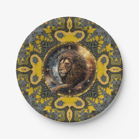 Moedige Leo Zodiac Goud Geel Fractal Mandala Papieren Bordje (Voorkant)