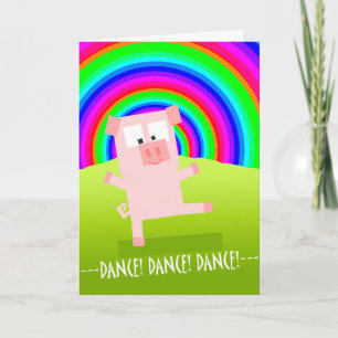 Moedigingskaart met varken onder regenboog, Dans! Kaart