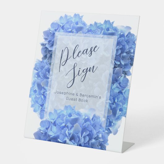 Moedigste blauwe hortensia bloemen gastenboek reclamebord met voetstuk (Voorkant)