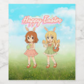 Moeie anime paasmeisjes konijnen wijn etiket (Enkel label)