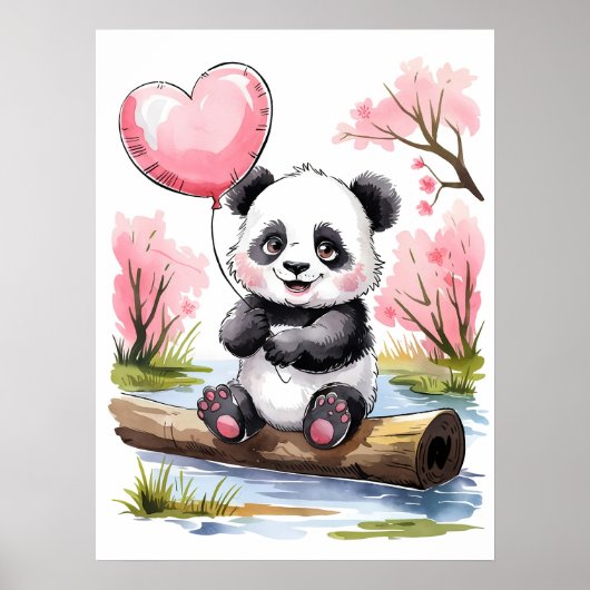 Moeie baby panda met hartballon - Aquarel Poster (Voorkant)