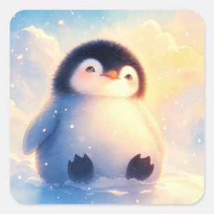 Moeie baby pinguïn zittend in zachte wintersneeuw vierkante sticker
