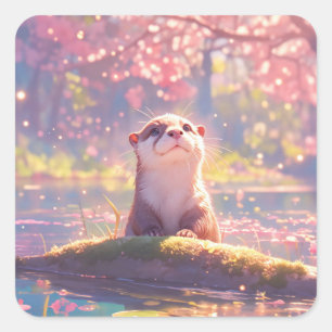 Moeie babyotter die naar roze kersenbloesems kijkt vierkante sticker