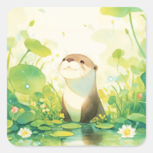 Moeie babyotter in vijver met grote groene waterle vierkante sticker