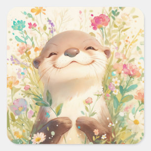 Moeie babyotter lacht in bloemen op de weide vierkante sticker