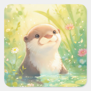 Moeie babyotter lacht in glinsterende vijver vierkante sticker