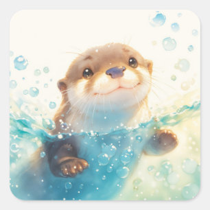 Moeie babyotter spettert in glinsterend blauw wate vierkante sticker