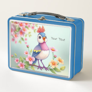 Moeie Blauwe Roze Vogel Bloemige Metalen Lunchbox