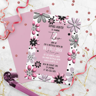 Moeie bloemen stippen roze zwarte 2de verjaardag kaart