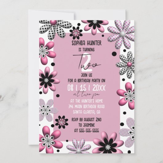 Moeie bloemen stippen roze zwarte 2de verjaardag kaart (Voorkant)