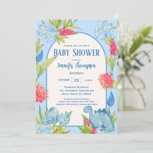 Moeie Bloemige Dino Mama Ei Baby Shower Kaart (Staand voorkant)