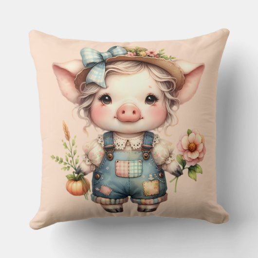 Moeie boerderij-core varken in overalls met bloeme kussen (Achterkant)
